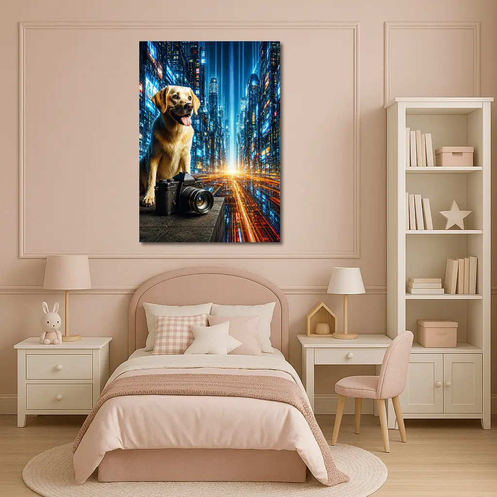 Labrador Dog Camera Neon Futuristic City – Wall Art