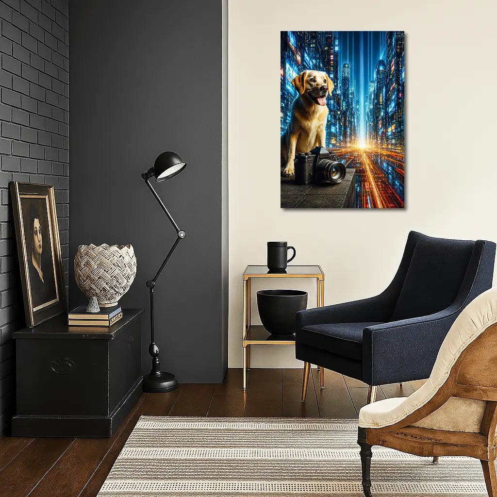 Labrador Dog Camera Neon Futuristic City – Wall Art