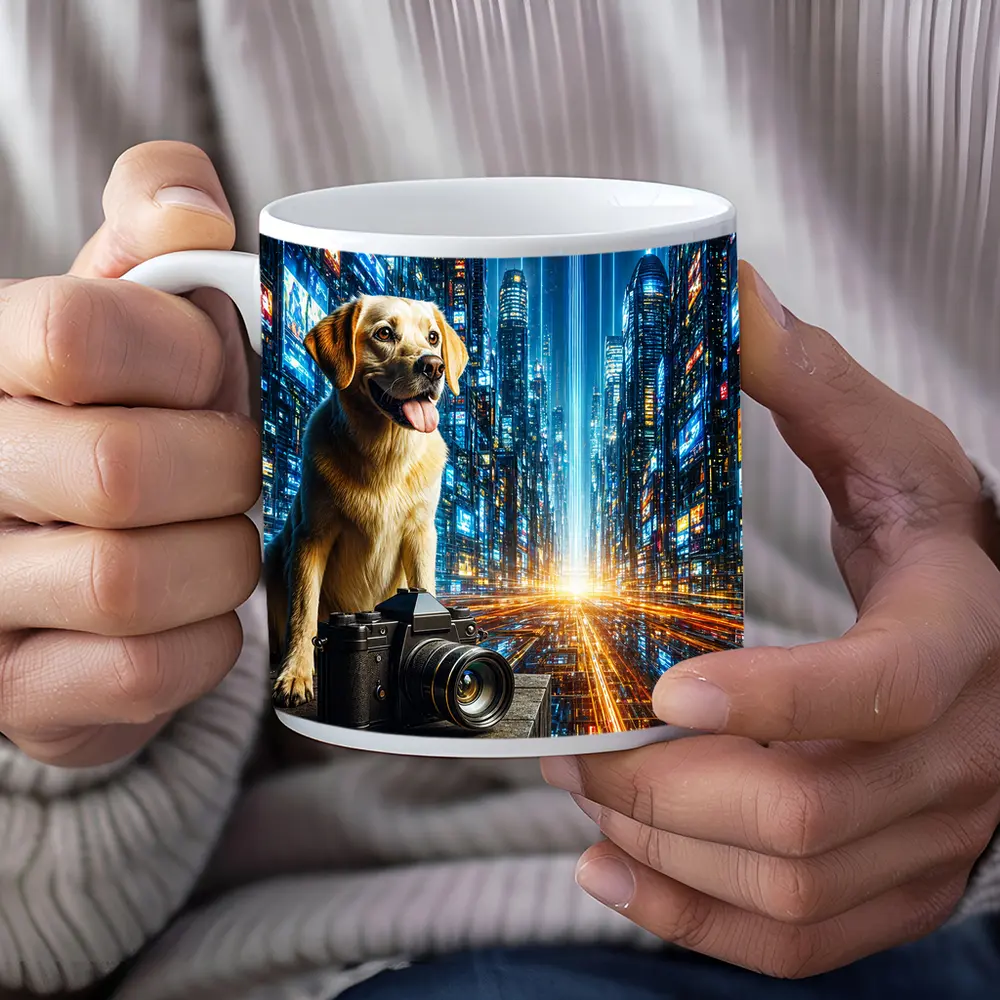 Labrador Dog Camera Neon Futuristic City – Mugs
