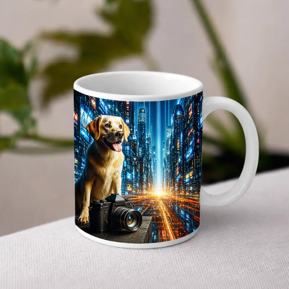 Labrador Dog Camera Neon Futuristic City – Mugs