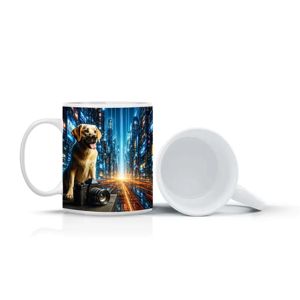 Labrador Dog Camera Neon Futuristic City – Mugs