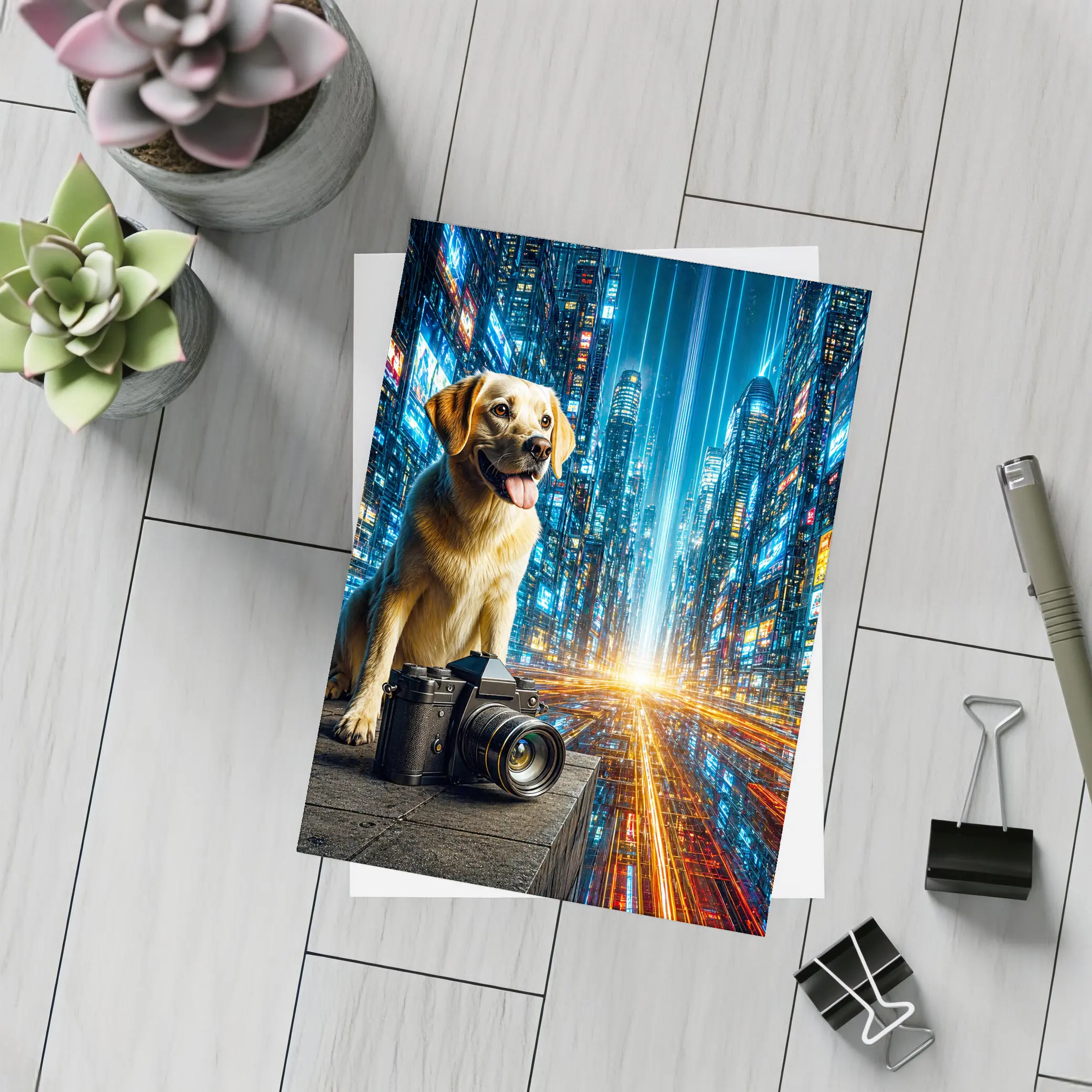 Labrador Dog Camera Neon Futuristic City – Postcards