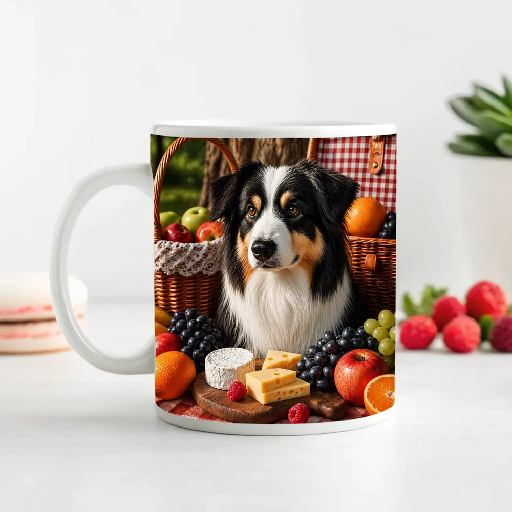 Australian Shepherd Picnic with Fruit Cheese – Mugs