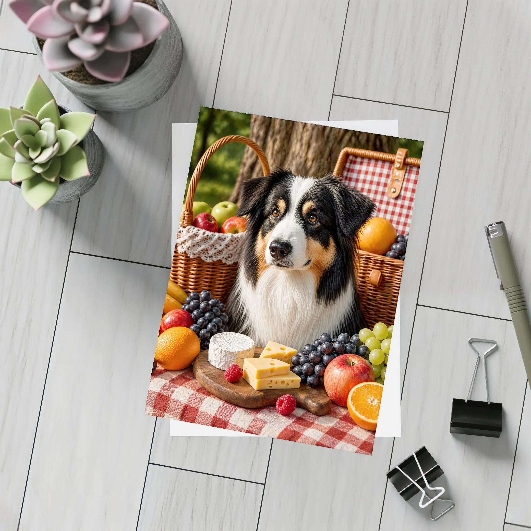 Australian Shepherd Picnic with Fruit Cheese – Postcards