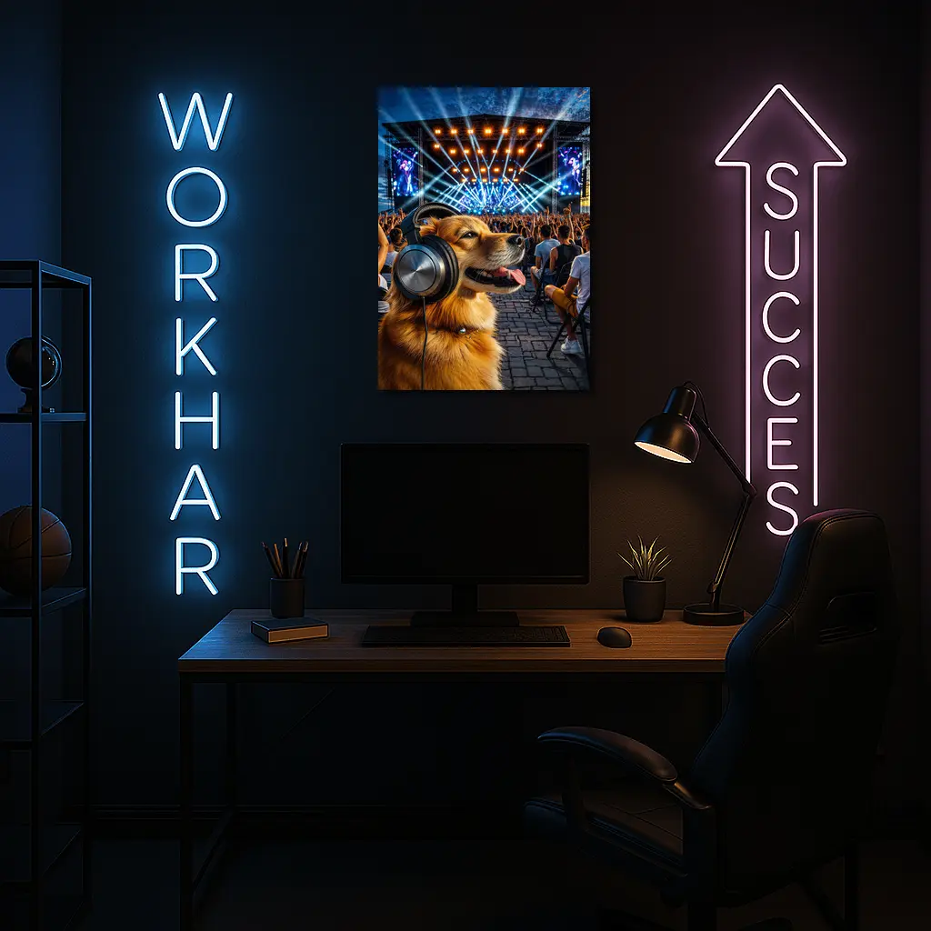 Golden Dog Wearing Headphones At Music Festival – Wall Art