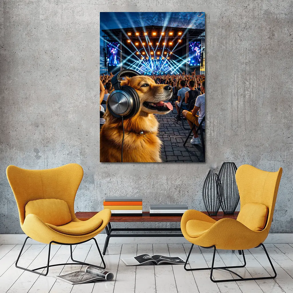 Golden Dog Wearing Headphones At Music Festival – Wall Art