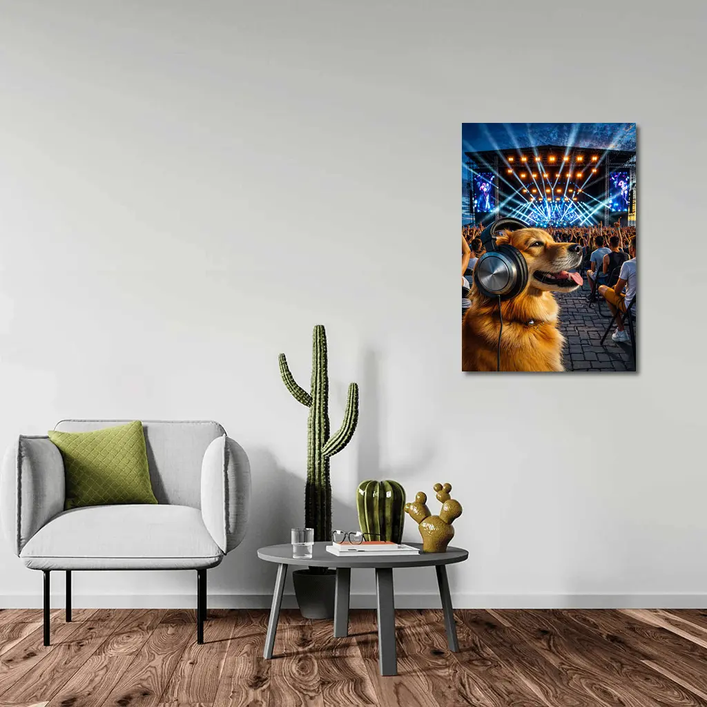 Golden Dog Wearing Headphones At Music Festival – Wall Art
