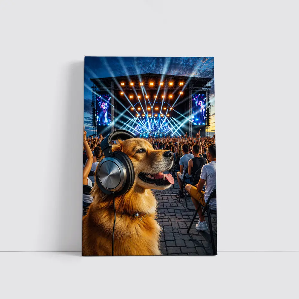 Golden Dog Wearing Headphones At Music Festival – Wall Art