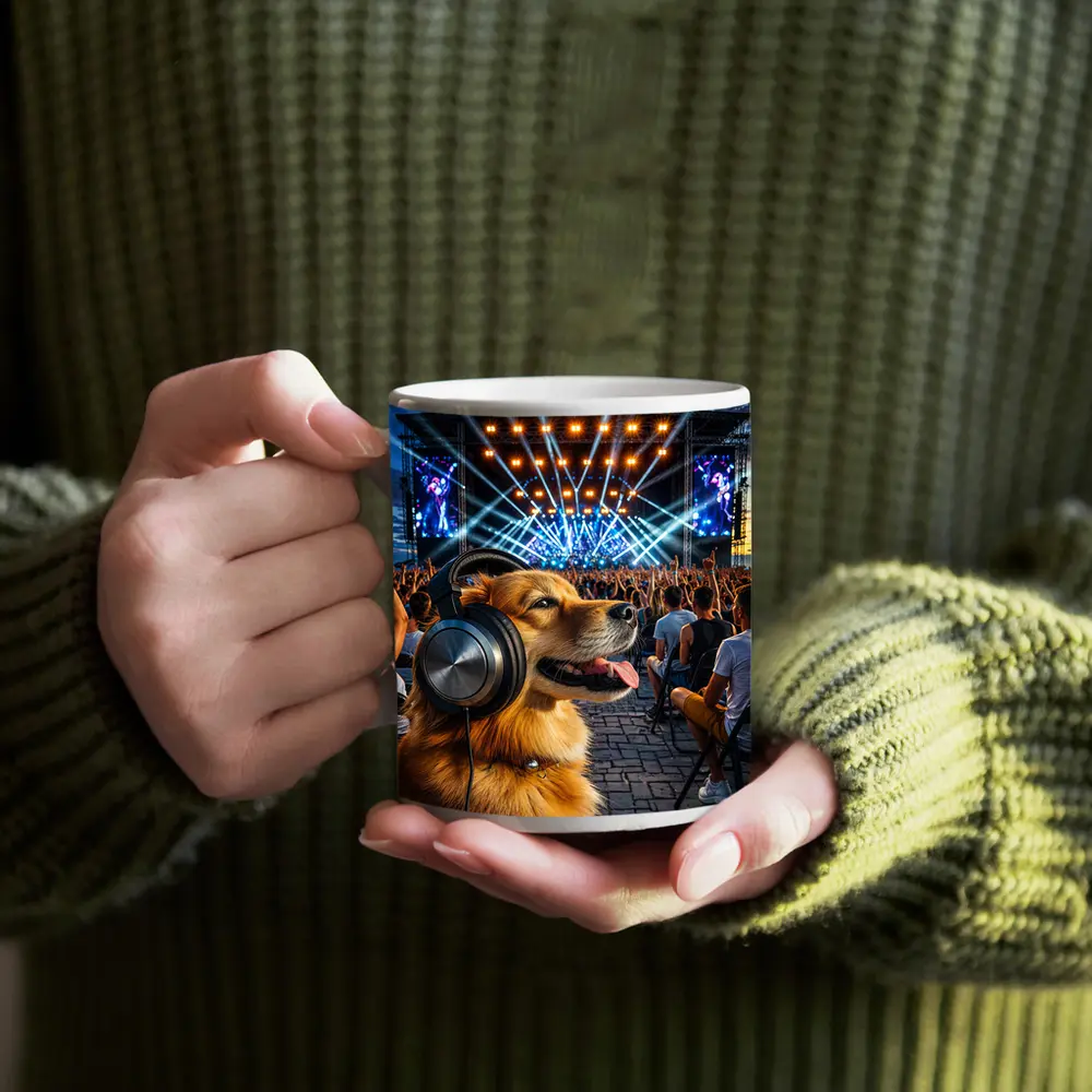 Golden Dog Wearing Headphones At Music Festival – Mugs