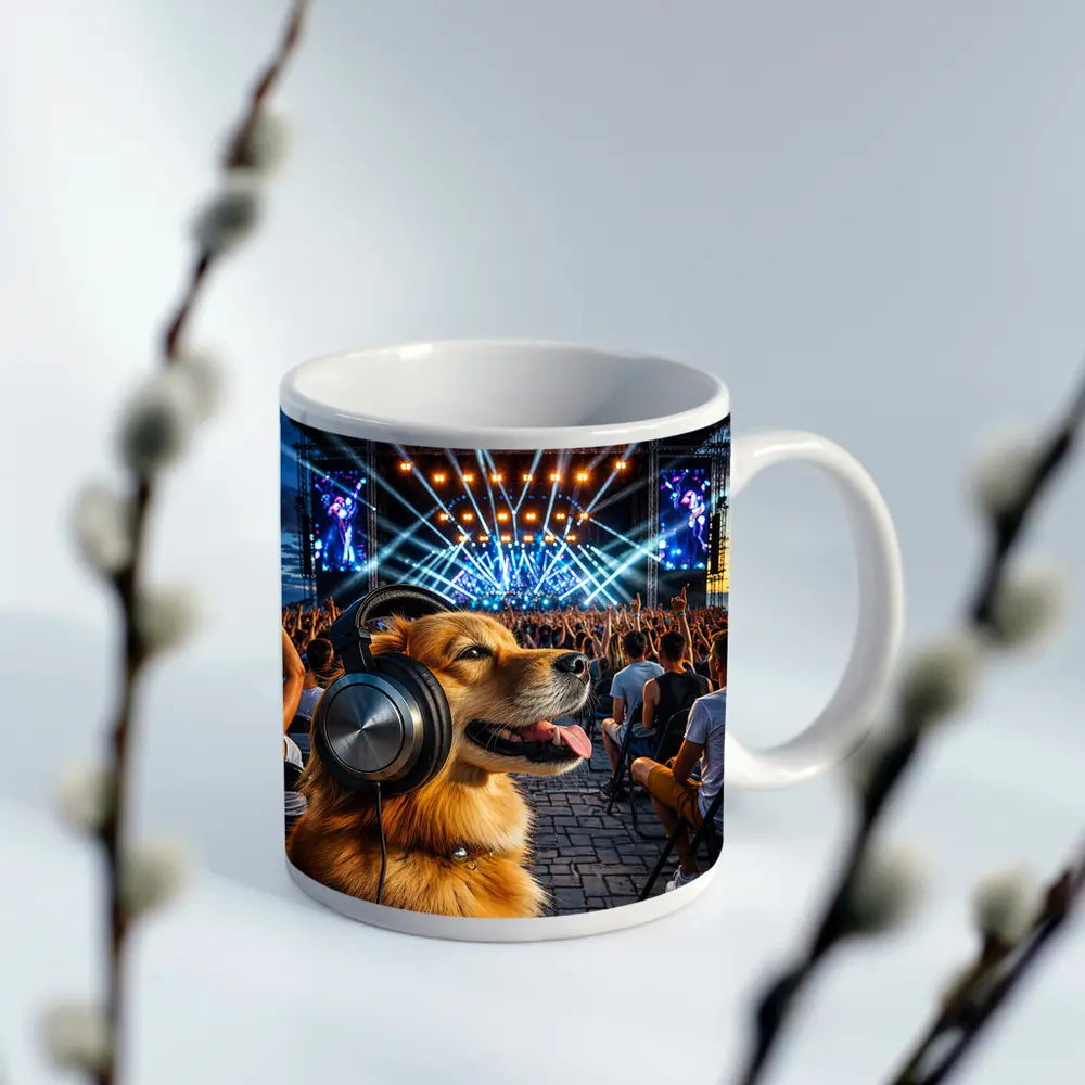 Golden Dog Wearing Headphones At Music Festival – Mugs