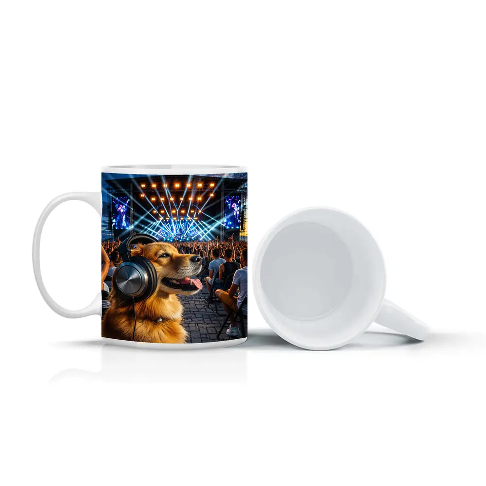 Golden Dog Wearing Headphones At Music Festival – Mugs