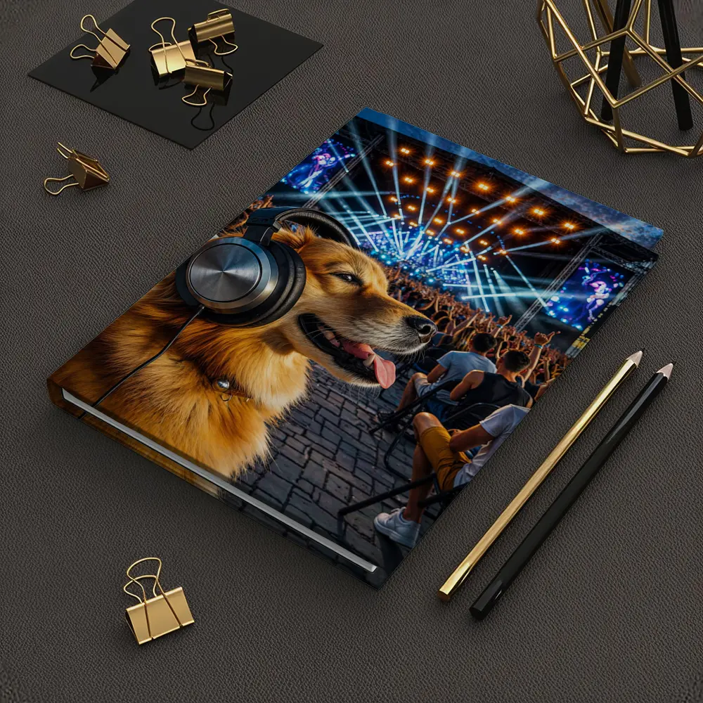 Golden Dog Wearing Headphones At Music Festival – Notebooks