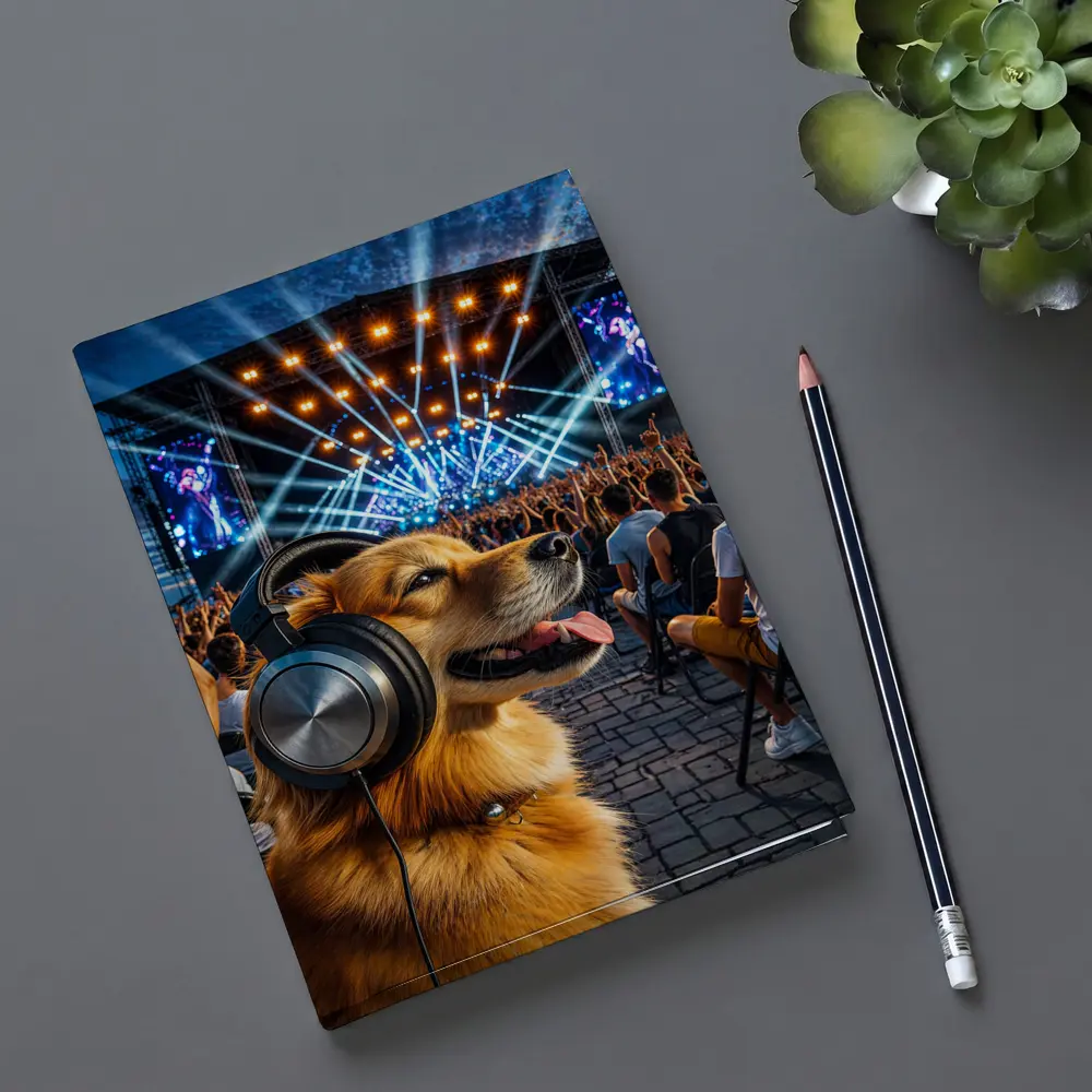 Golden Dog Wearing Headphones At Music Festival – Notebooks