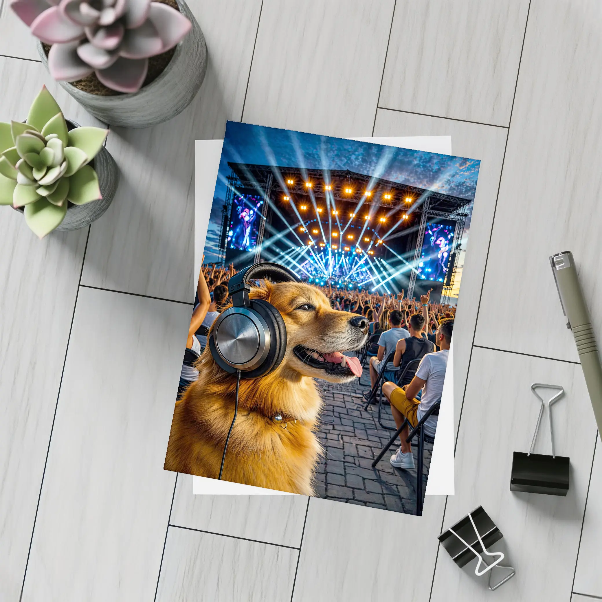 Golden Dog Wearing Headphones At Music Festival – Postcards