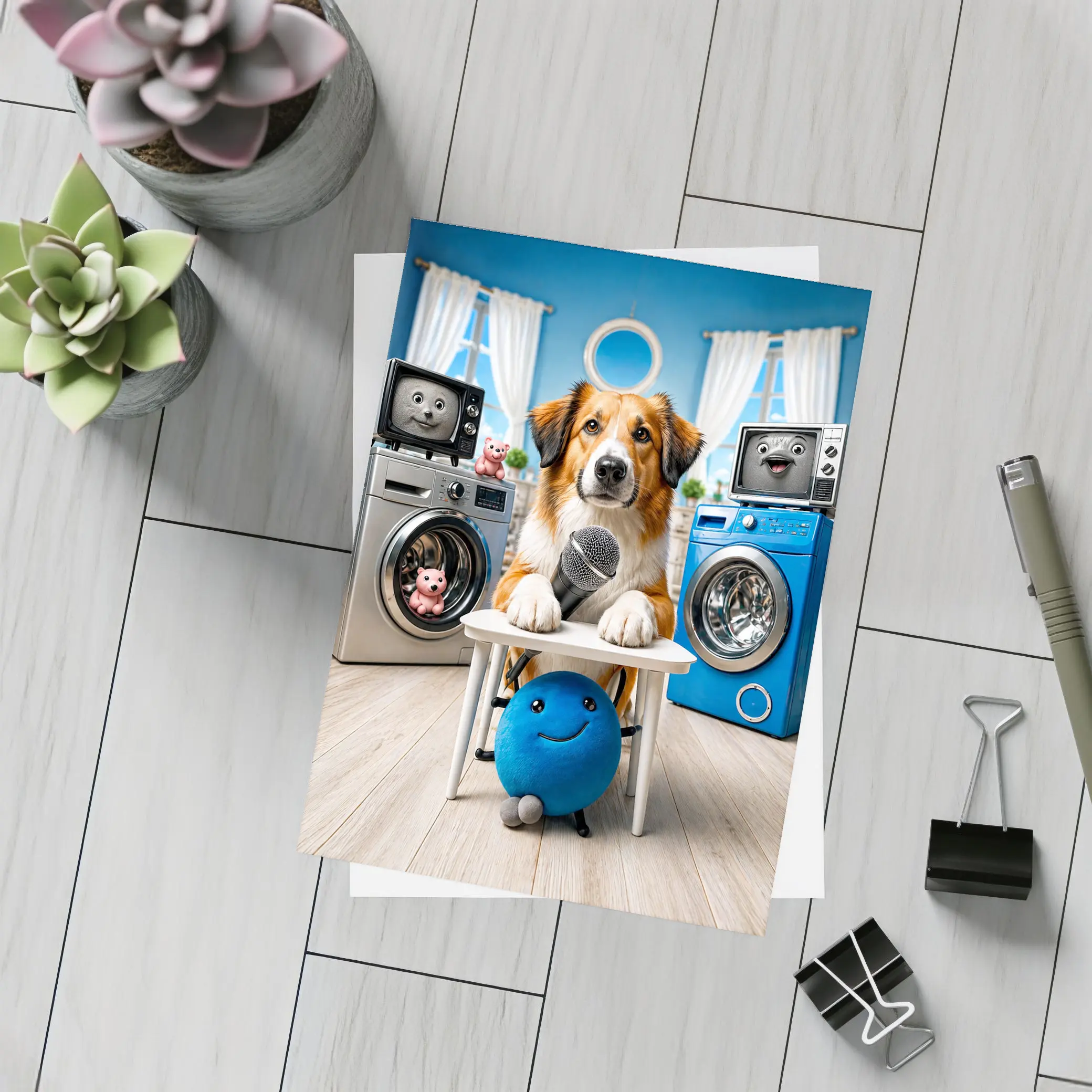 Golden Retriever Host Laundry Room Comedy Show – Postcards
