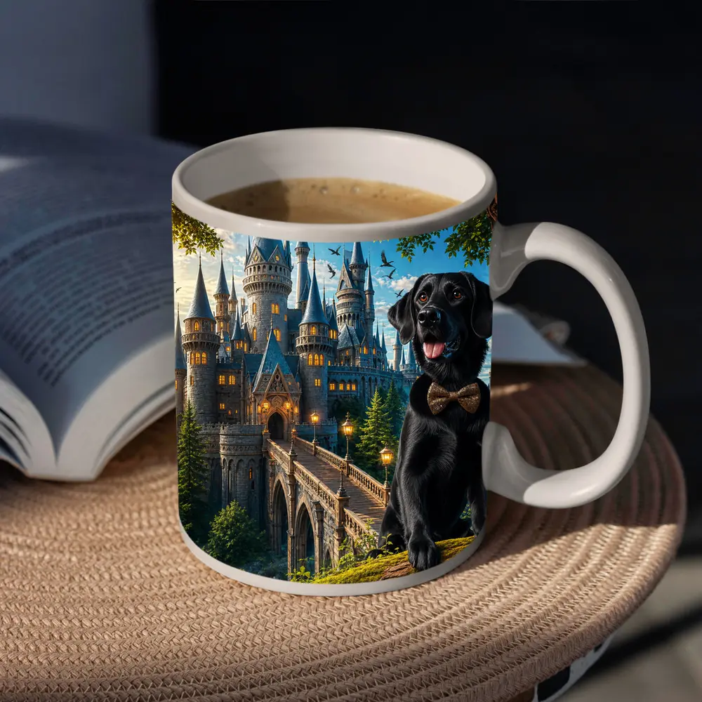 Black Labrador Retriever Fantasy Castle Forest Art – Mugs