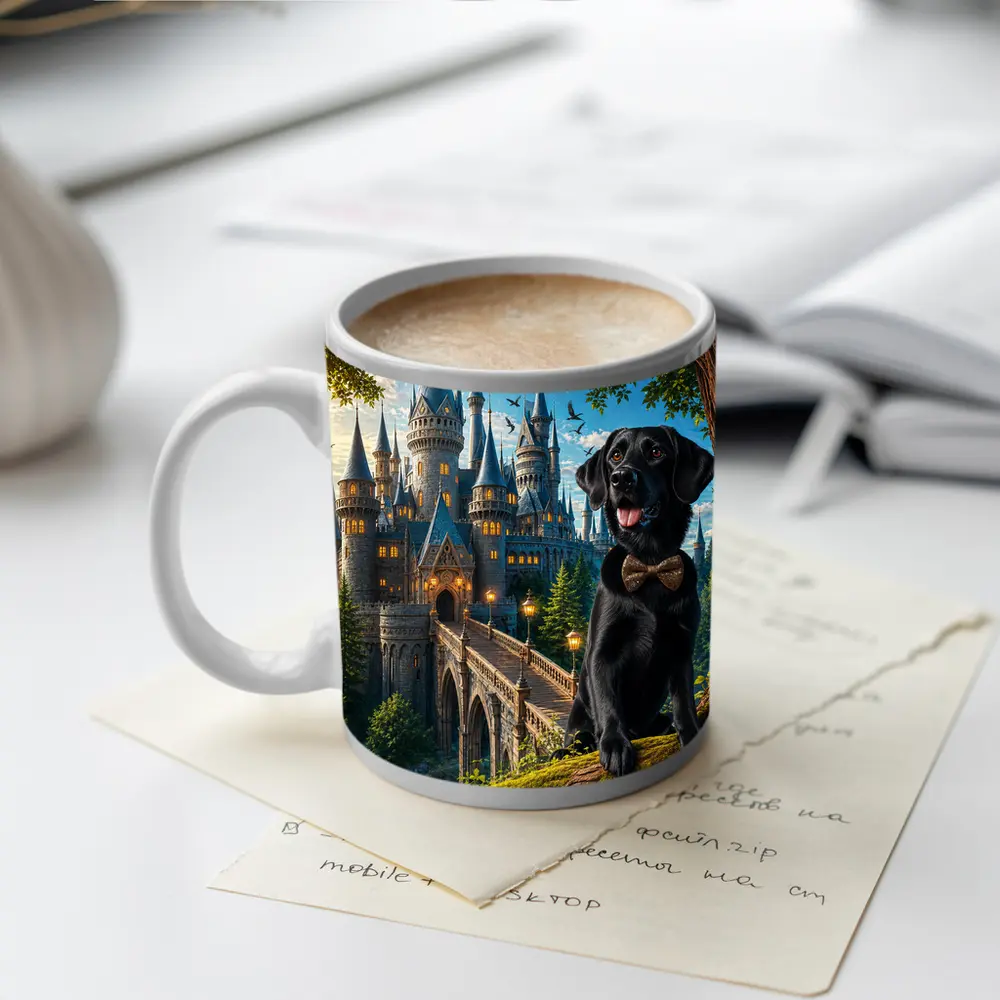 Black Labrador Retriever Fantasy Castle Forest Art – Mugs