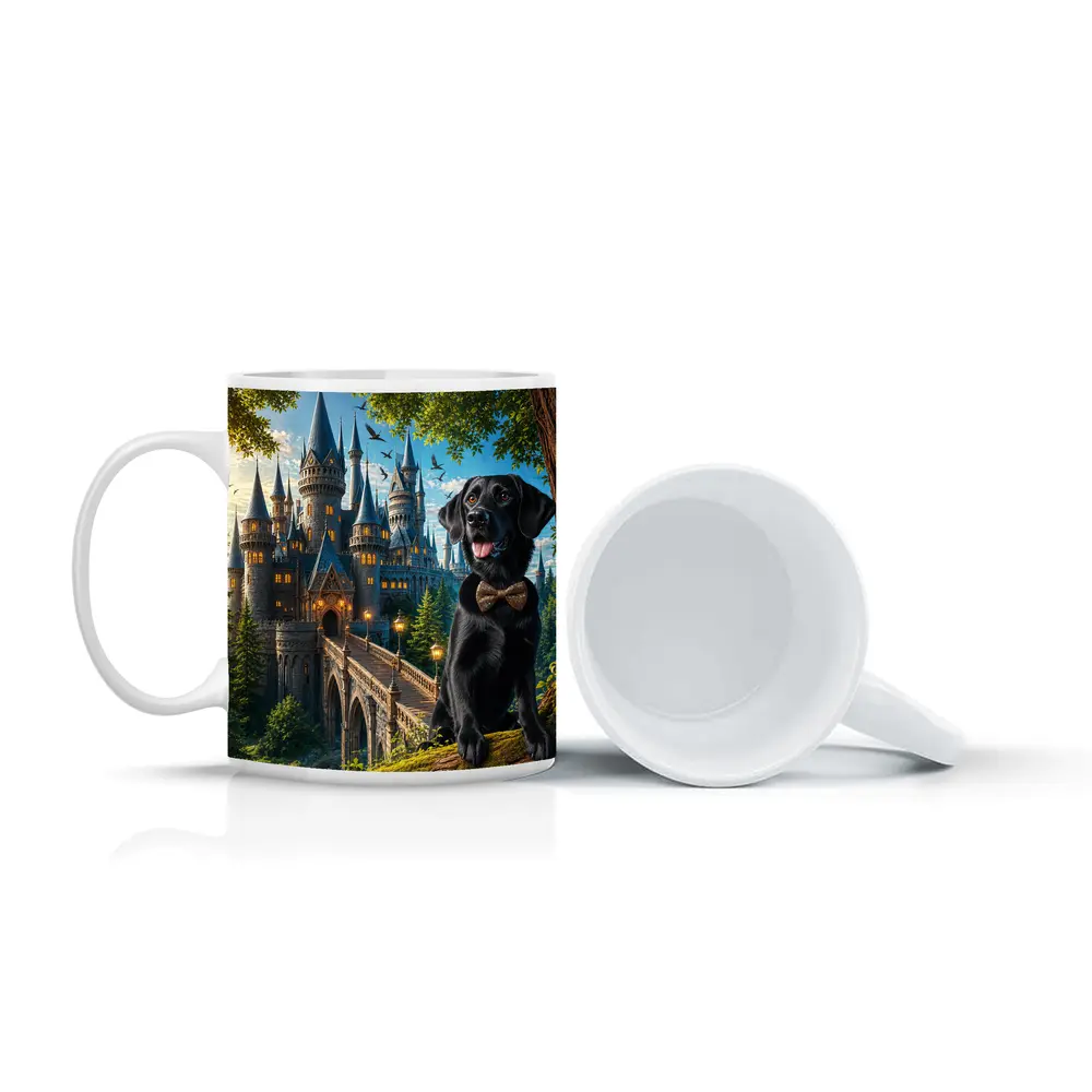 Black Labrador Retriever Fantasy Castle Forest Art – Mugs