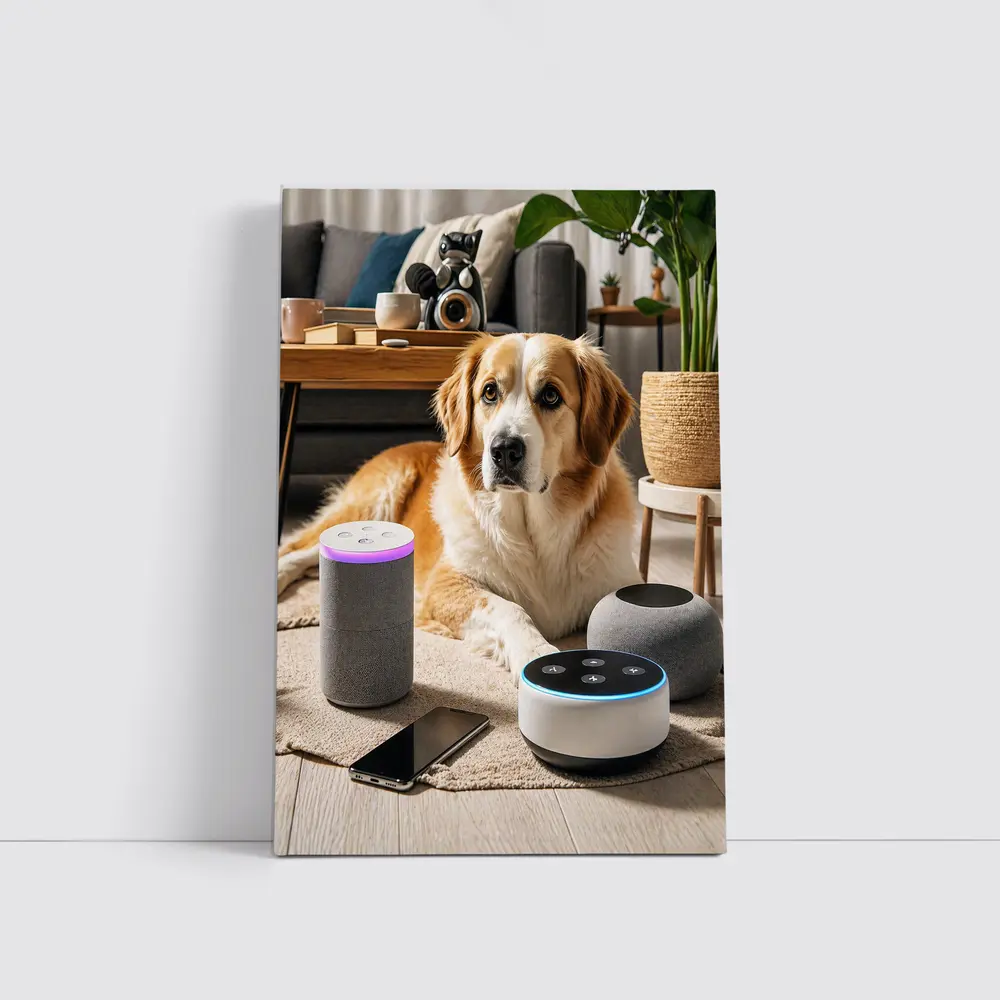 Golden Retriever Relaxing With Smart Home Speakers – Wall Art