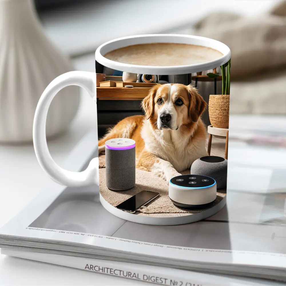 Golden Retriever Relaxing With Smart Home Speakers – Mugs
