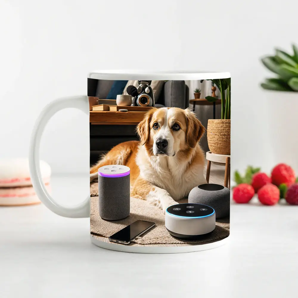 Golden Retriever Relaxing With Smart Home Speakers – Mugs