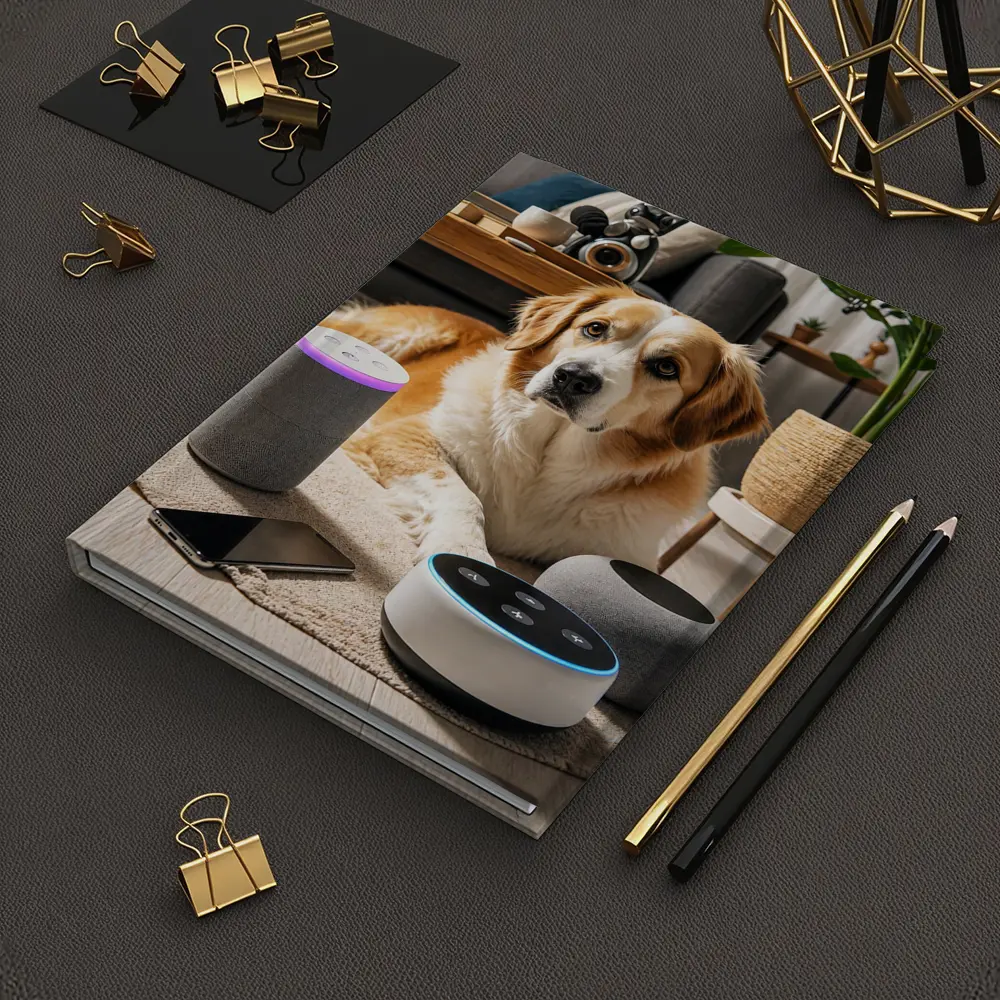 Golden Retriever Relaxing With Smart Home Speakers – Notebooks