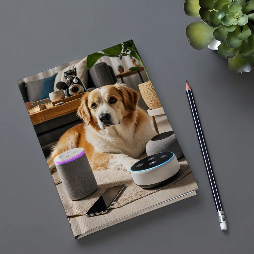 Golden Retriever Relaxing With Smart Home Speakers – Notebooks