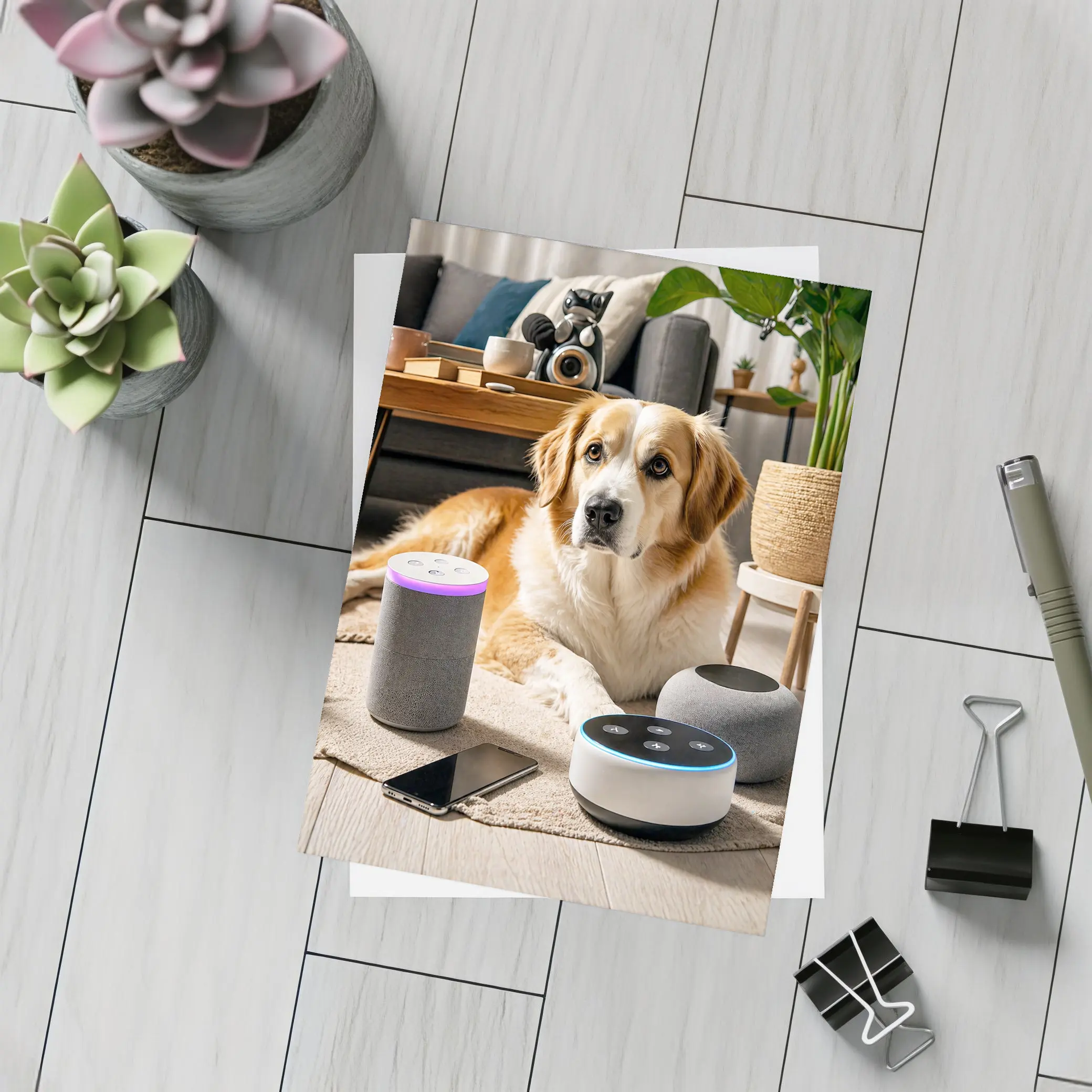 Golden Retriever Relaxing With Smart Home Speakers – Postcards