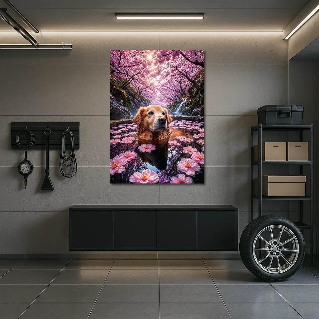 Golden Retriever Bathing Under Cherry Blossoms – Wall Art