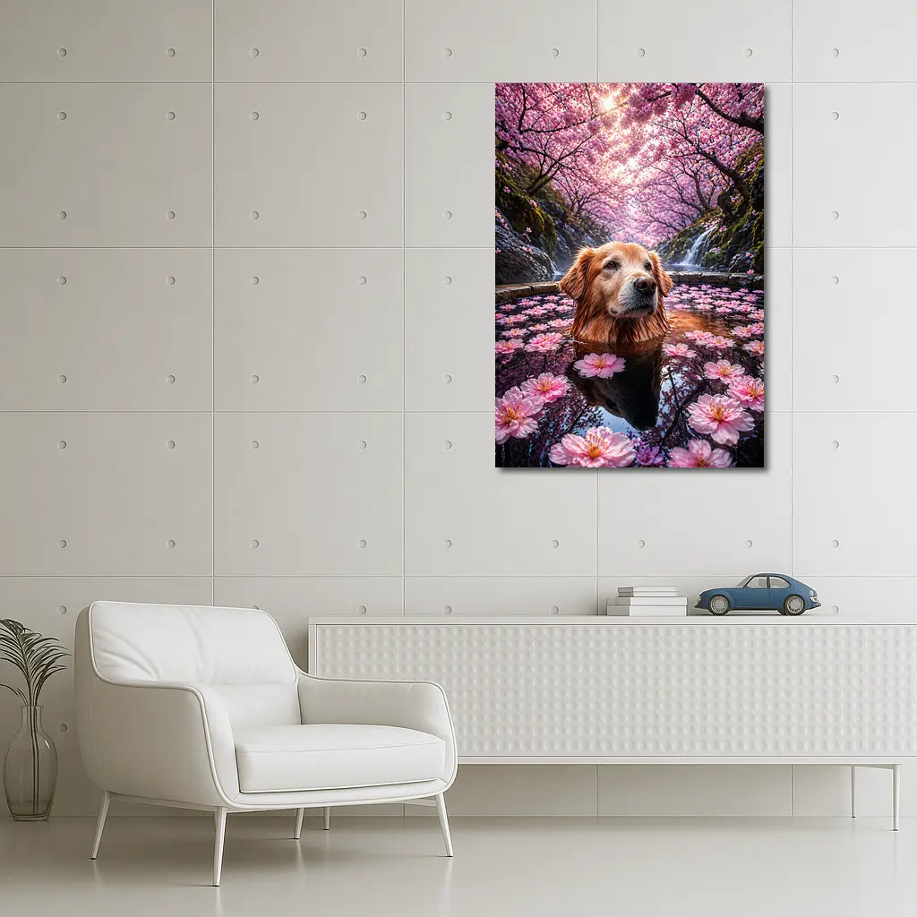 Golden Retriever Bathing Under Cherry Blossoms – Wall Art