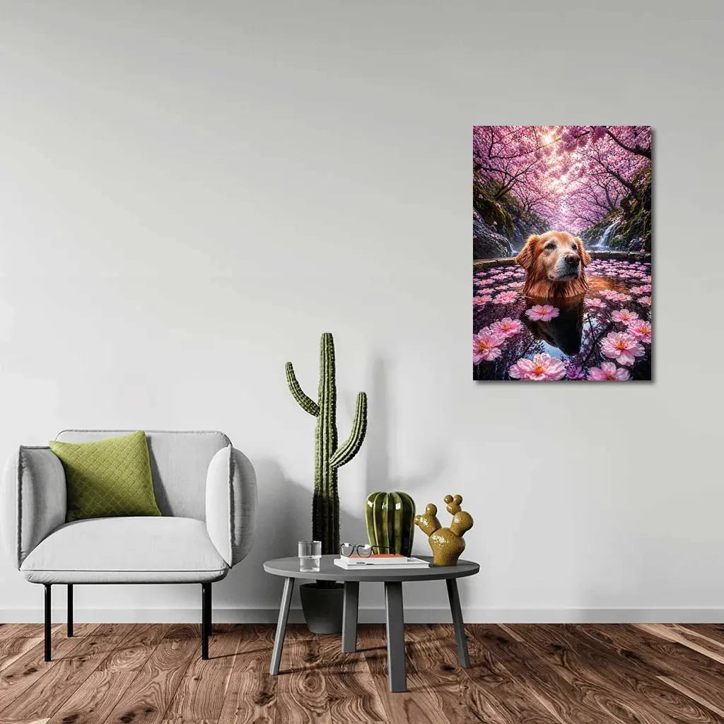 Golden Retriever Bathing Under Cherry Blossoms – Wall Art