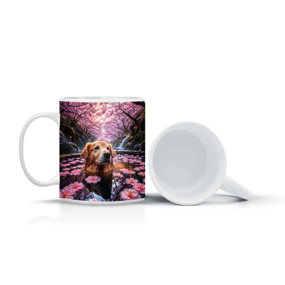 Golden Retriever Bathing Under Cherry Blossoms – Mugs