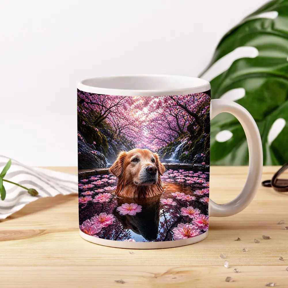 Golden Retriever Bathing Under Cherry Blossoms – Mugs