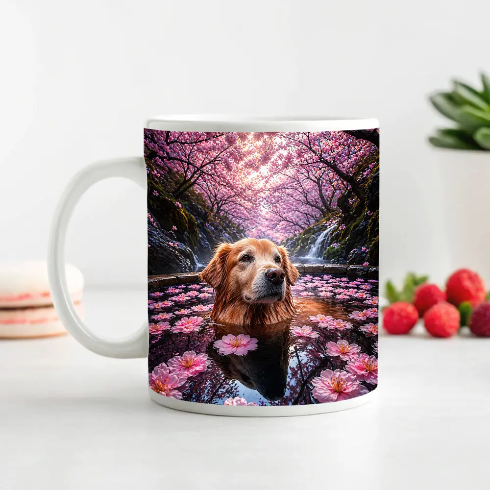 Golden Retriever Bathing Under Cherry Blossoms – Mugs