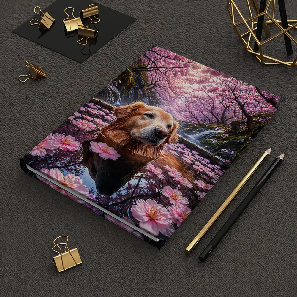 Golden Retriever Bathing Under Cherry Blossoms – Notebooks