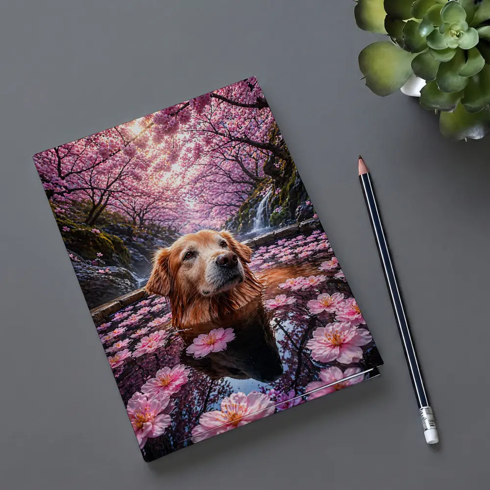 Golden Retriever Bathing Under Cherry Blossoms – Notebooks