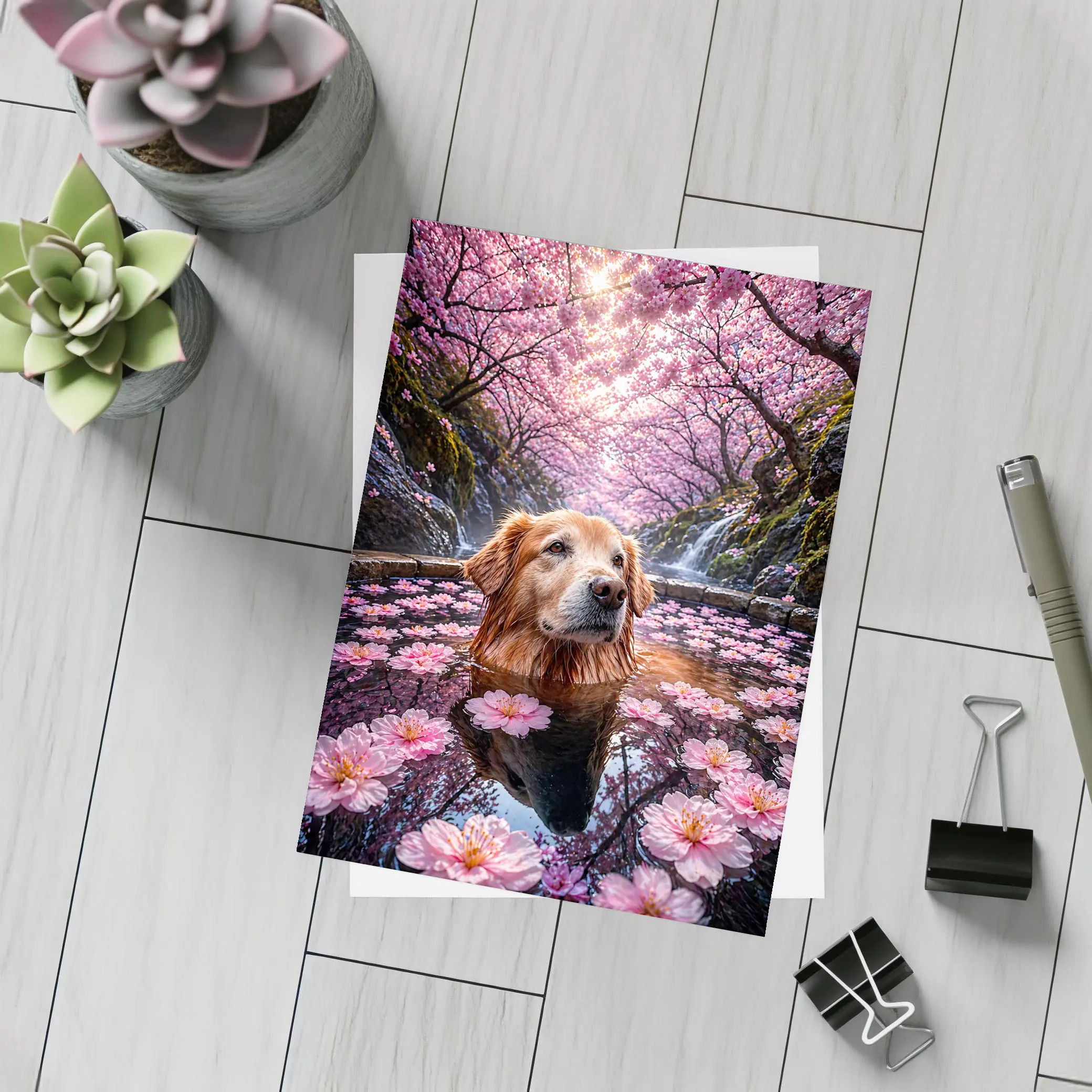 Golden Retriever Bathing Under Cherry Blossoms – Postcards