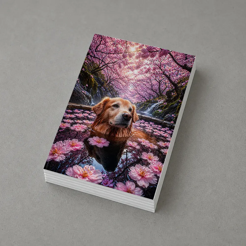Golden Retriever Bathing Under Cherry Blossoms – Postcards