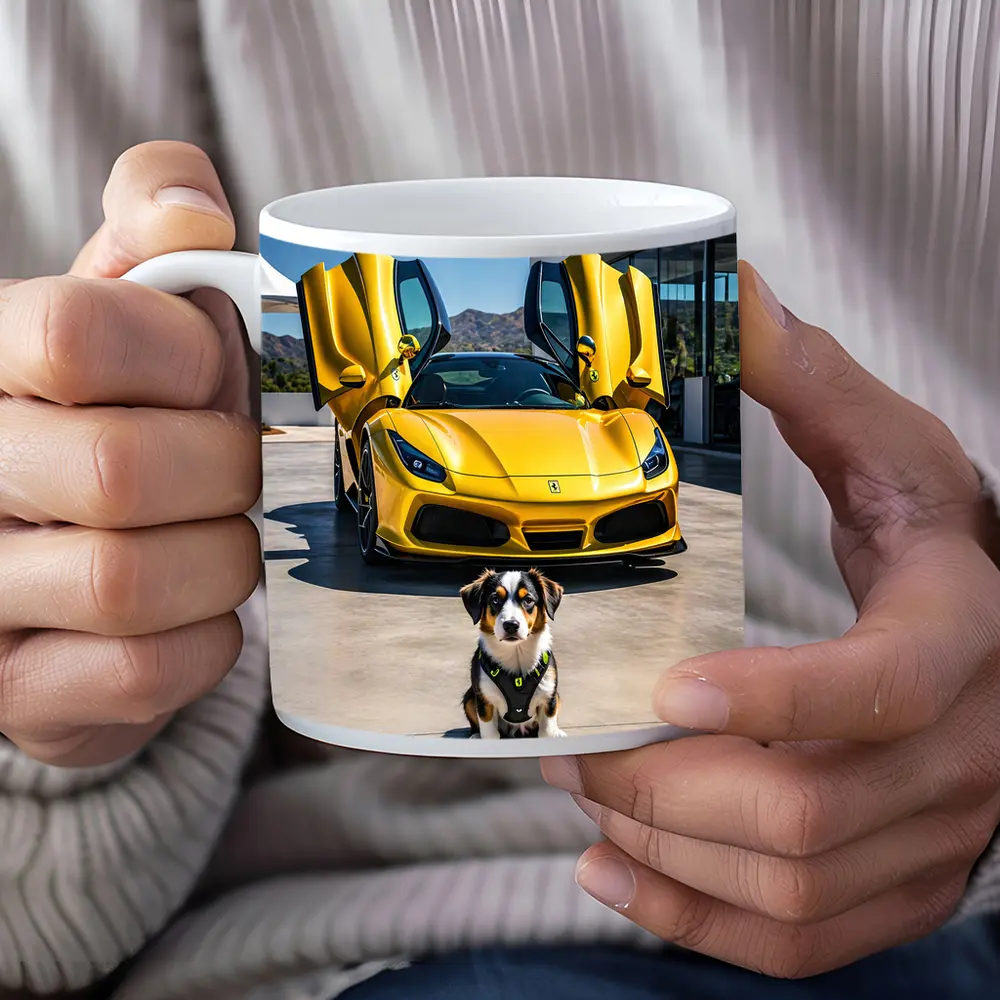 Australian Shepherd Puppy Yellow Ferrari F8 – Mugs