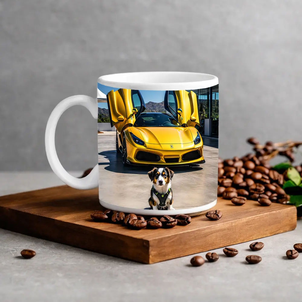 Australian Shepherd Puppy Yellow Ferrari F8 – Mugs