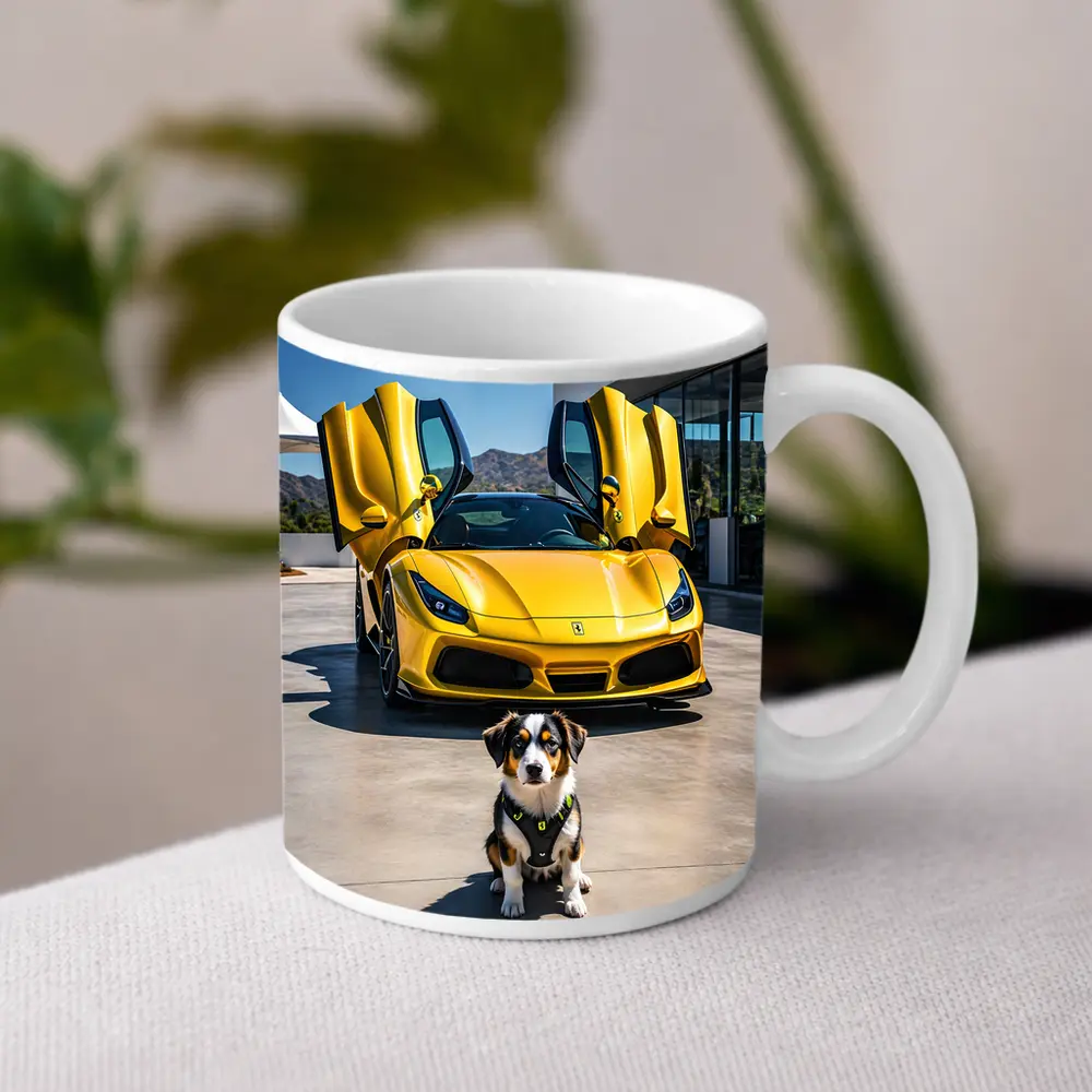 Australian Shepherd Puppy Yellow Ferrari F8 – Mugs