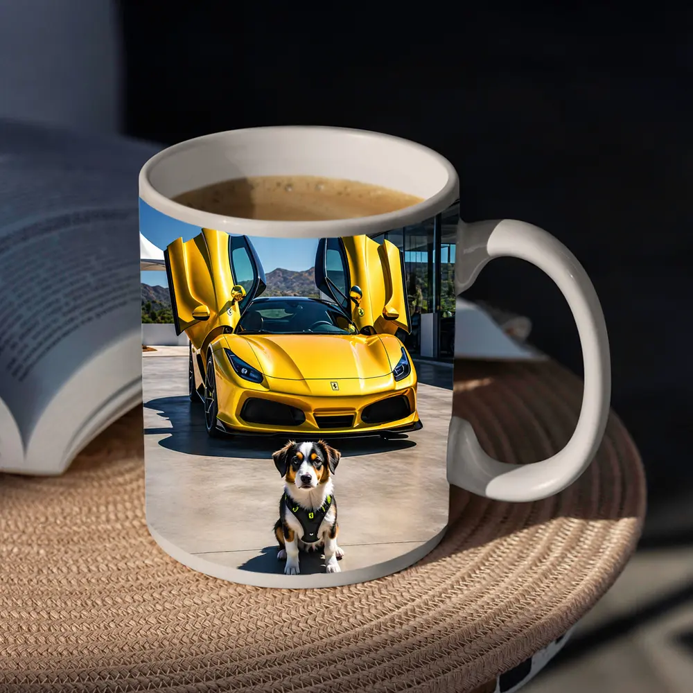 Australian Shepherd Puppy Yellow Ferrari F8 – Mugs