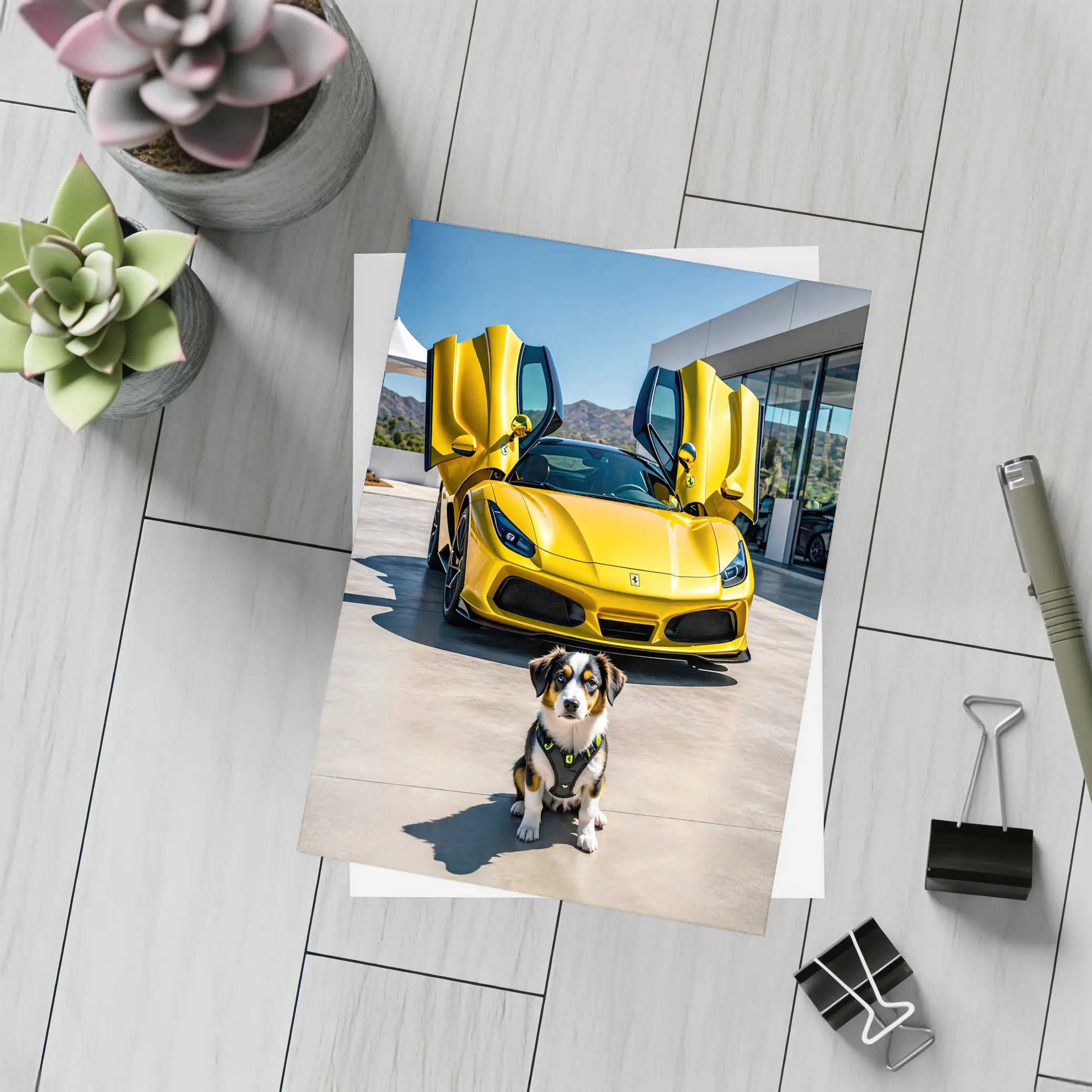 Australian Shepherd Puppy Yellow Ferrari F8 – Postcards