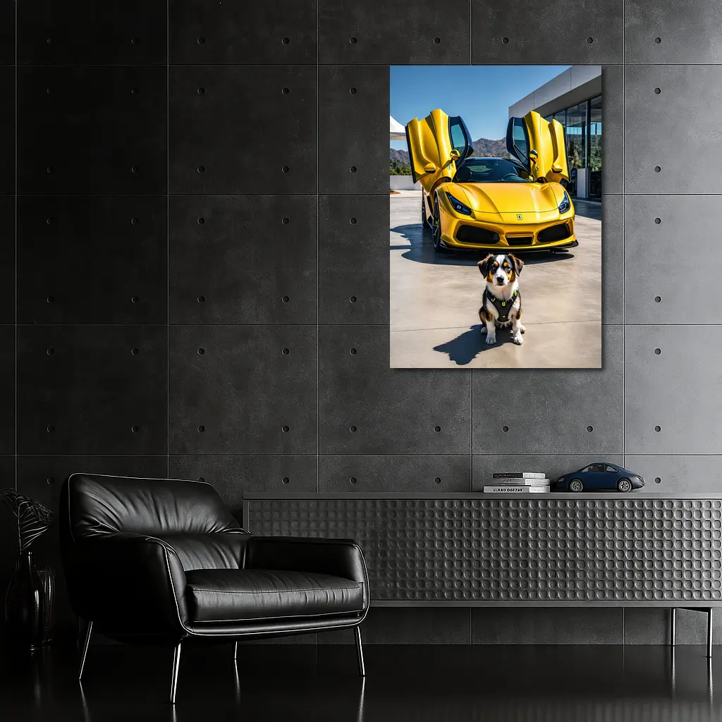 Australian Shepherd Puppy Yellow Ferrari F8 – Wall Art