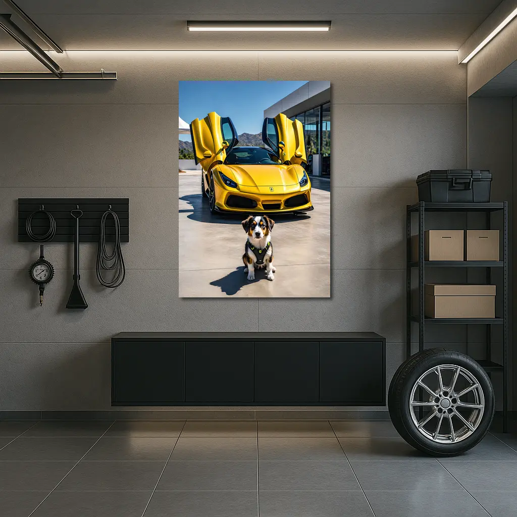 Australian Shepherd Puppy Yellow Ferrari F8 – Wall Art