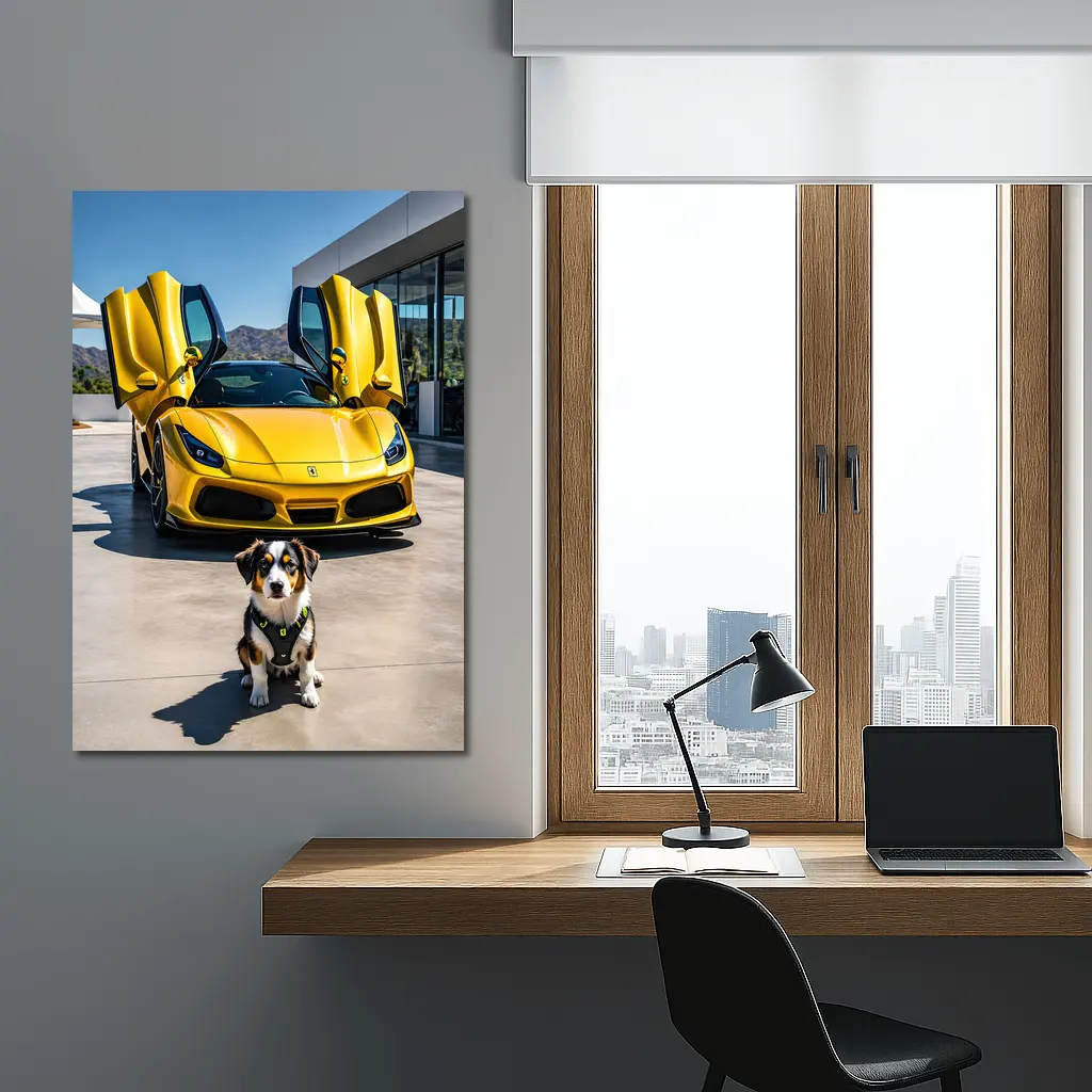 Australian Shepherd Puppy Yellow Ferrari F8 – Wall Art