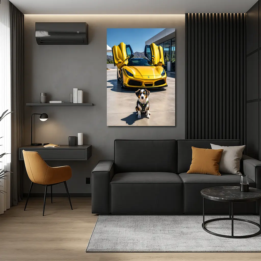 Australian Shepherd Puppy Yellow Ferrari F8 – Wall Art