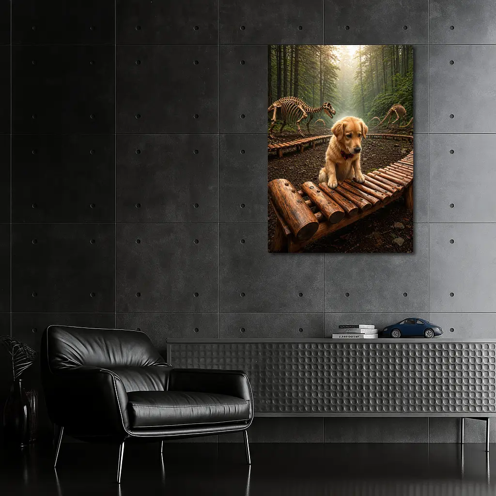 Golden Retriever Puppy Forest Dinosaur Skeletons – Wall Art