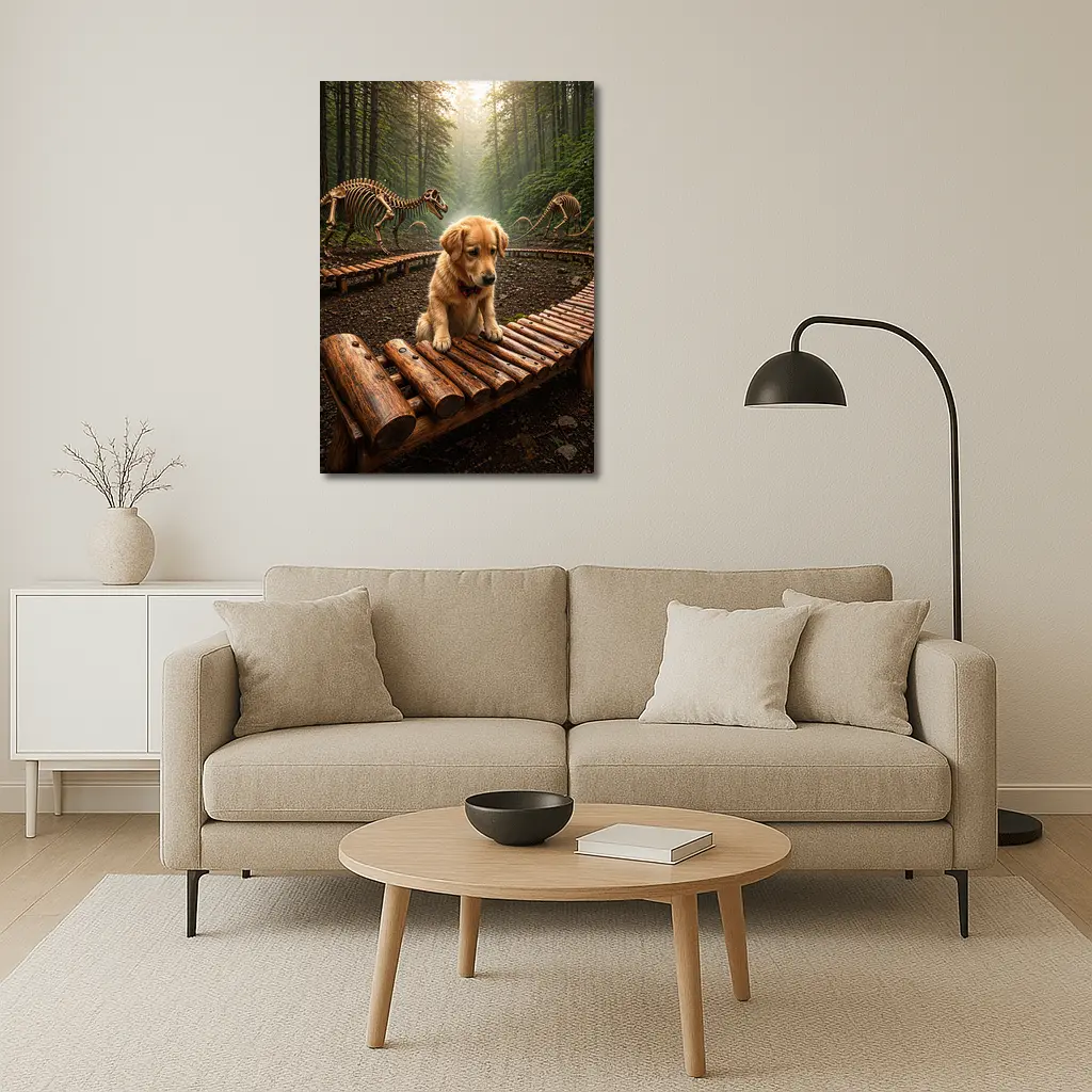 Golden Retriever Puppy Forest Dinosaur Skeletons – Wall Art