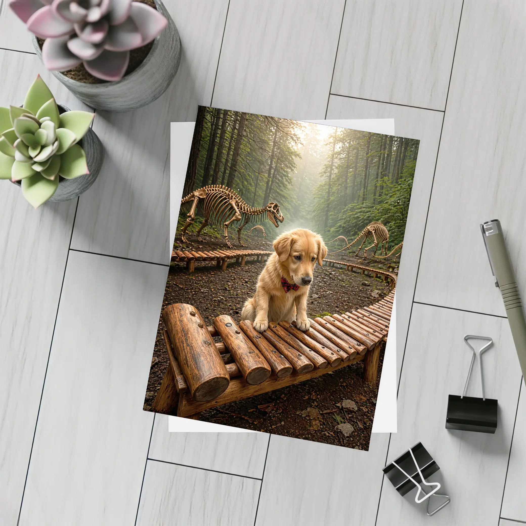 Golden Retriever Puppy Forest Dinosaur Skeletons – Postcards